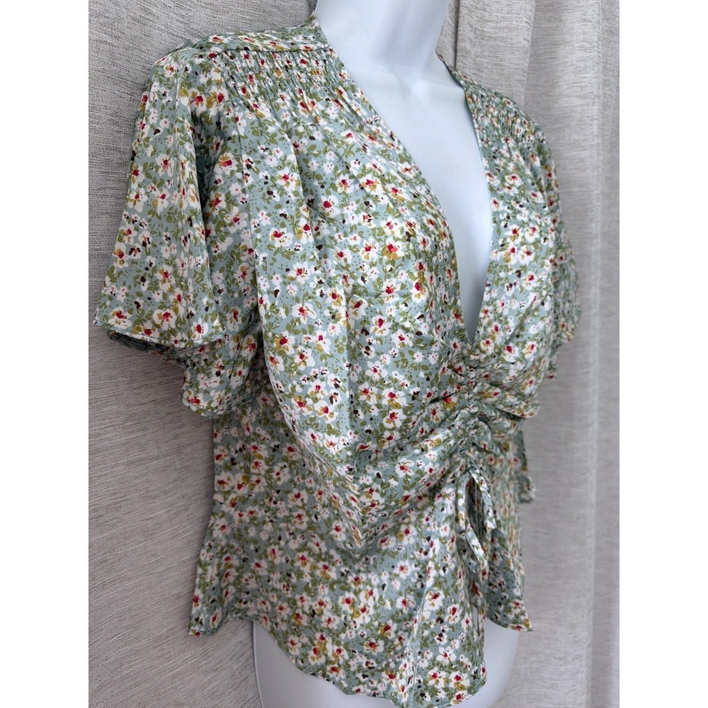 Lucy Paris Floral Ruched V-Neck Blouse Sage Green Ditsy Print Top small NWT